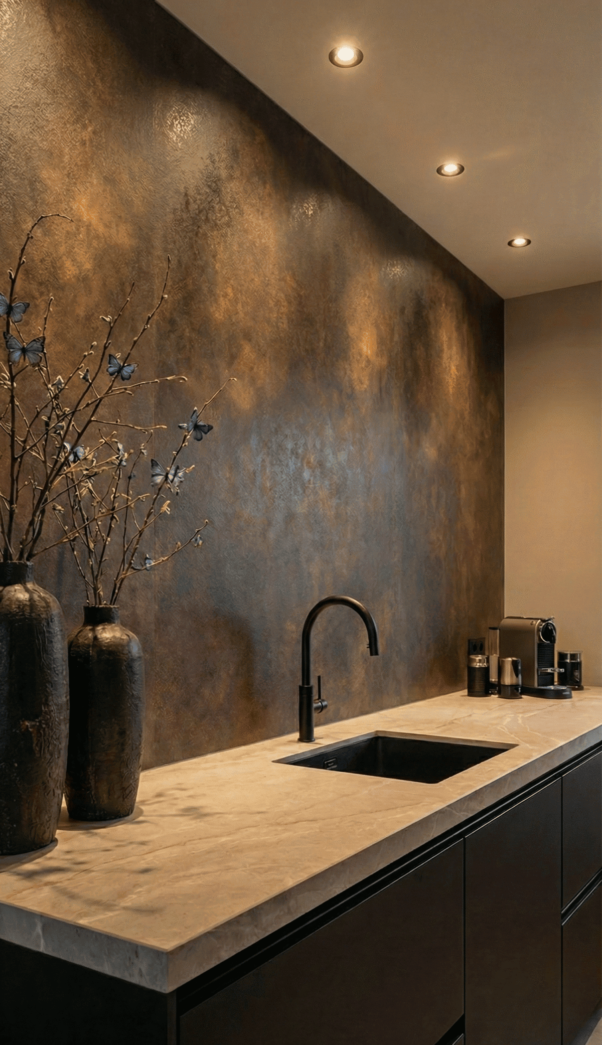 Metaal rust donker natuursteen paneel voor moderne keuken.