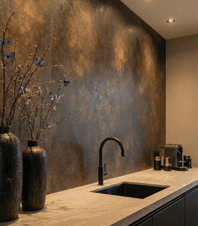 Metaal rust donker natuursteen paneel voor moderne keuken.