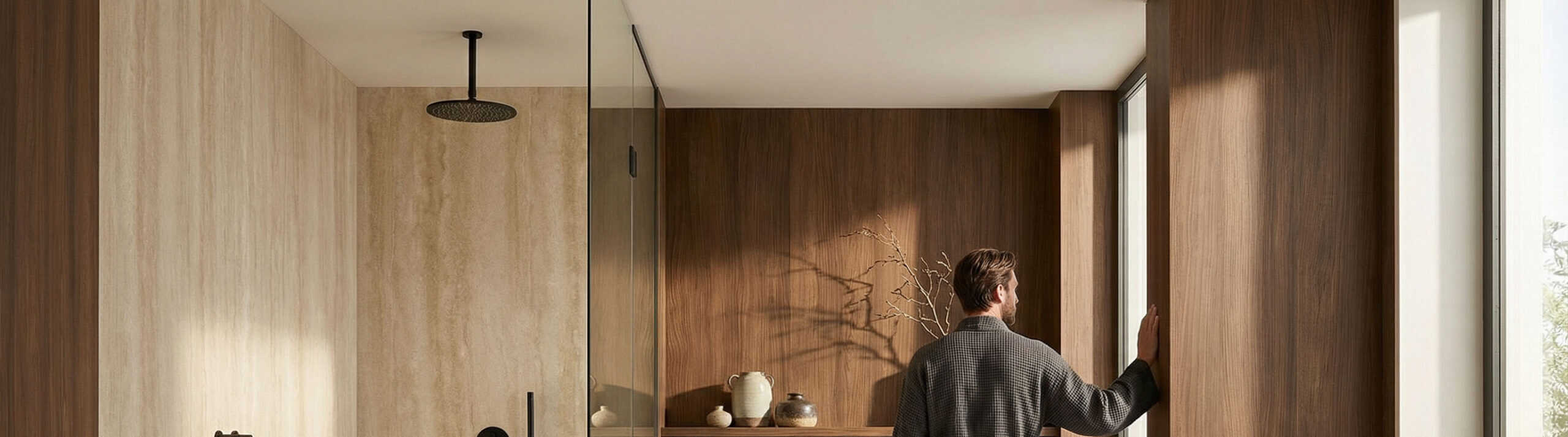 Moderne badkamer met luxe houtlook wandpanelen in warme notentint, geplaatst rondom douchezone en nis, aangeraakt door man in badjas om de natuurlijke structuur te ervaren.