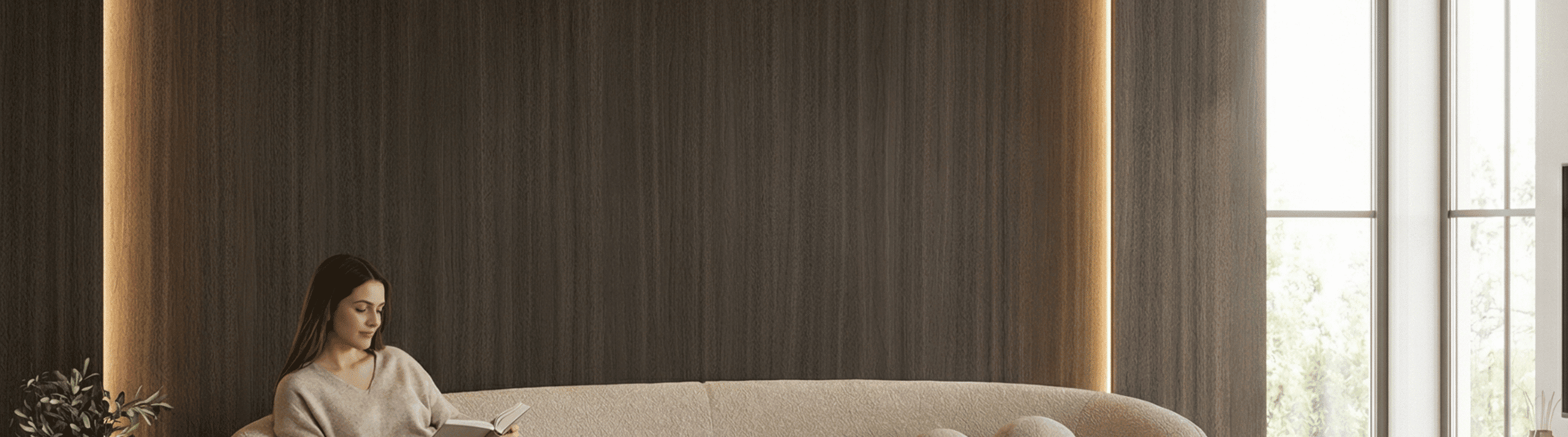 Donkere houtlook wandpanelen met verticale structuur en geïntegreerde LED-lichtlijnen, toegepast achter een moderne beige bank in een minimalistische woonkamer.