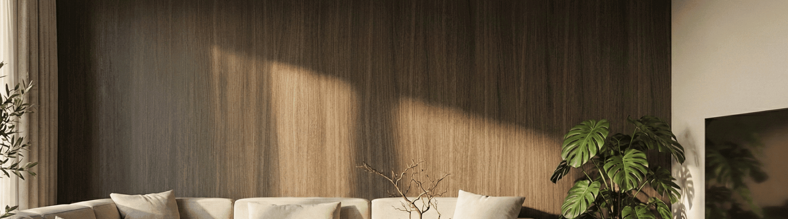 Donkere houten wandpanelen met subtiele verticale structuur en natuurlijke bamboe-look, elegant toegepast als warme accentmuur in een modern interieur.